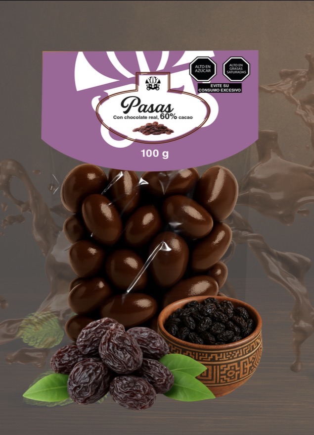 Pasas deshidratadas bañadas con chocolate al 60% cacao.
